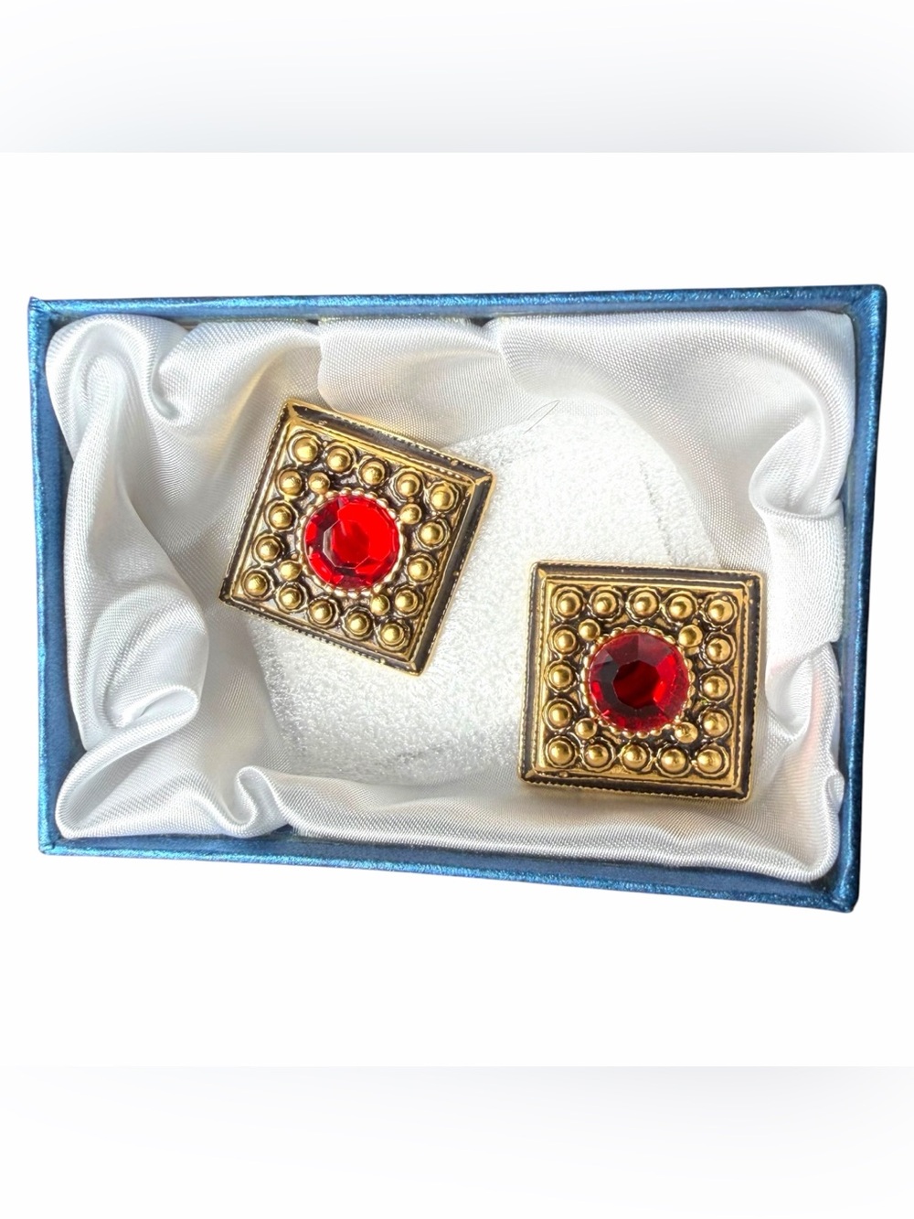 Absolutely Stunning Ben-Amun Square Goldtone and Red Stone Clip-On Earrings